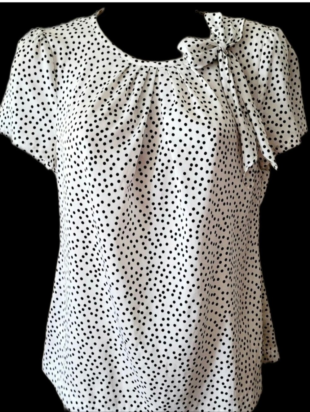 Ann Taylor Petites Polka Dot Short Sleeve Tie-Neck Top Blk & WHT Size 0P